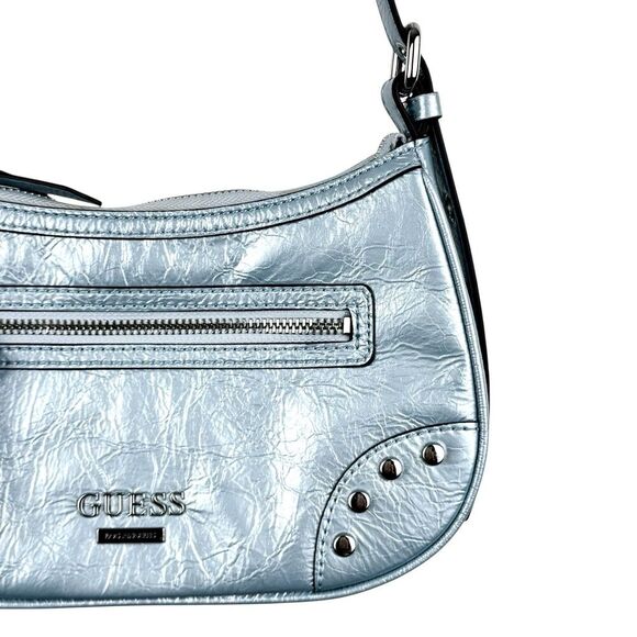 Guess Y2K Chanera Mini Shoulder Bag Blue Metallic Baguette Logo Vegan Studded - Picture 6 of 16